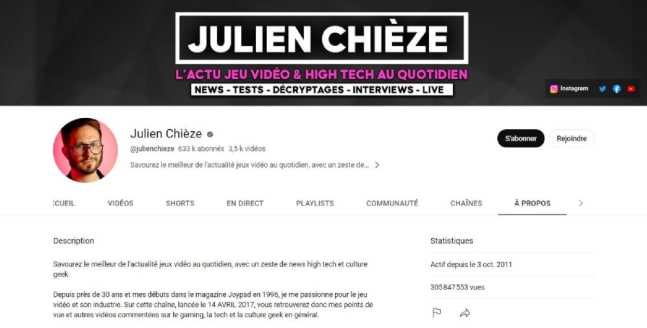 Chaine YouTube de Julien Chièze.