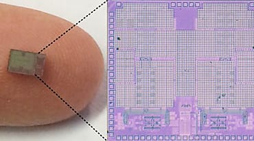 Le circuit intégré émetteur-récepteur bidirectionnel du laboratoire Columbia high-Speed and Mm-wave IC (crédit photo : Jin Zhou et Harish Krishnaswamy).