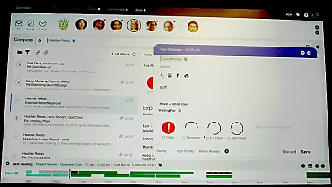 Verse : client universel riche avec accès en un clic aux emails, validations (workflows), actions, réseaux sociaux, blogs, documents partagés. Contacts prioritaires (en haut), agenda interactif (en bas).