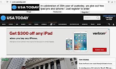 Injection d'une fenêtre pirate sur la homepage de USA Today invitant les lecteurs à s'enregistrer sur un formulaire contrôlé par les assaillants.