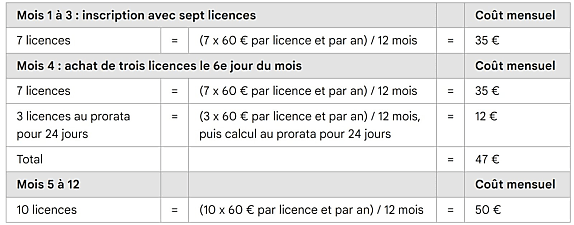 Exemple de tarification pour le forfait annuel. La facturation des licences achetées en cours d'année se fait au prorata.