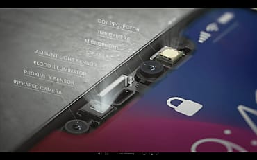 Les trois composants de True Depth Camera dans la barre de capteurs frontaux de l'iPhone X.