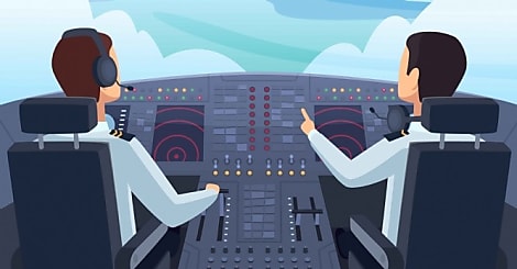 Airplane cockpit. Pilots sitting front of dashboard aircraft inside vector carto