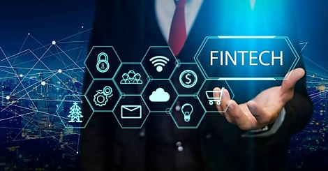 Fintech (financial technology) concept. Business person hold fintech illustratio