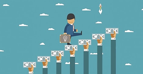 Crowdfunding vector concept with hands holding money like ladder of success