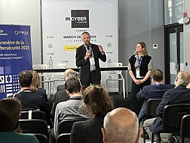 Guillaume Poupard et Gwenaelle Martinet présentent l’offre globale en cybersécurité de Docaposte au ForumInCyber 2024 à Lille.