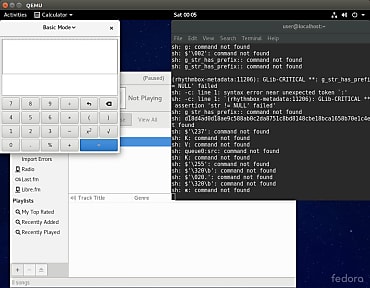 Capture d'écran montrant comment l'exploit a permis d'ouvrir le player rhythmbox et la calculatrice.
