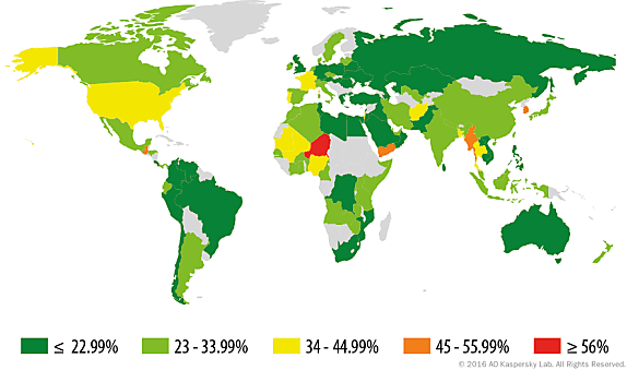 Taux de hotspots WiFi (par pays) qui utilisent le WEP non fiable ou ne chiffrent pas les données © Kaspersky Lab 2016.