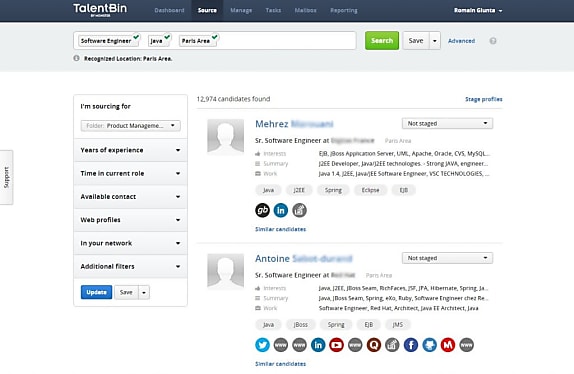 L'interface de TalentBin