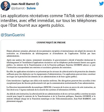 Jean-Noël Barrot sur Twitter concernant l'interdiction de TikTok.