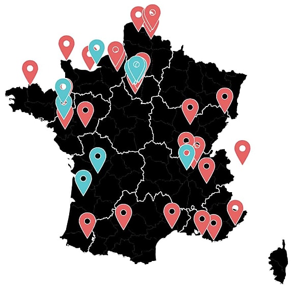 En rouge, les expérimentations courte durée en cours. En bleu, les plates-formes ouvertes. Bandes des 3,6 et des 26 confondues.