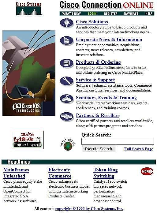 le site Internet de Cisco en 1996, un peu plus d'un an après sa mise en ligne