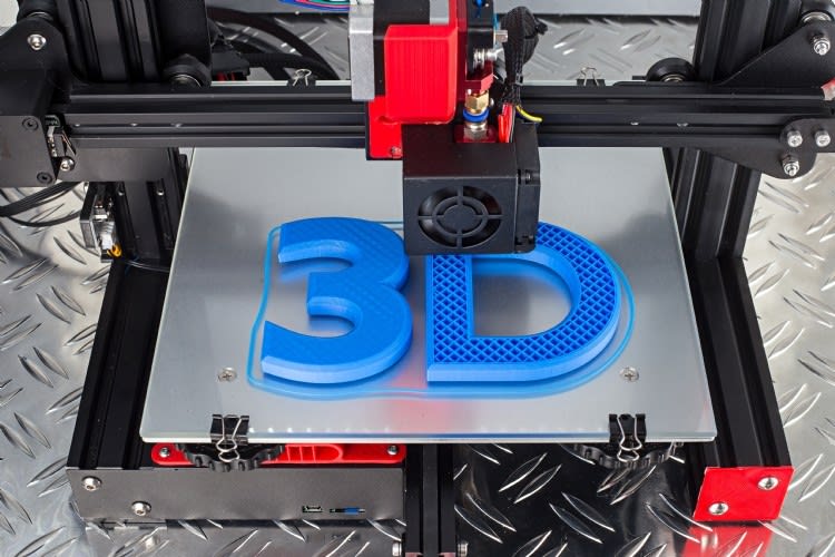 Red black 3D printer printing blue logo symbol on metal diamond plate future tec