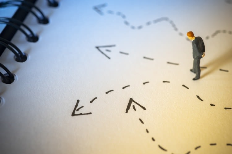 Business decision concept. Businessman thinking with many arrow path.
