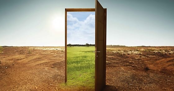 Open wooden door to the new world with green environment. Climate change concept