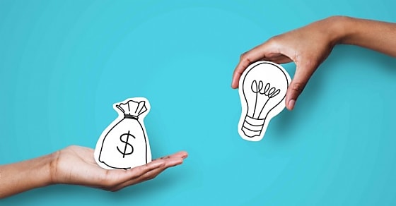Startup supporting. Hands with dollar sign bag and light bulb over blue backgrou