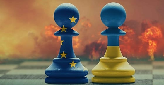 Ukraine, EU and Russia conflict. Country flags on chess pawns on a chess board.