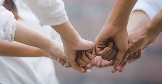 Panoramic teamwork business join hand together concept, Business team standing hands together, Volunteer charity work. People joining for cooperation success business.