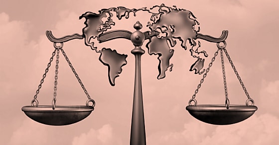 International law and global legal system concept as a justice scale shaped as t